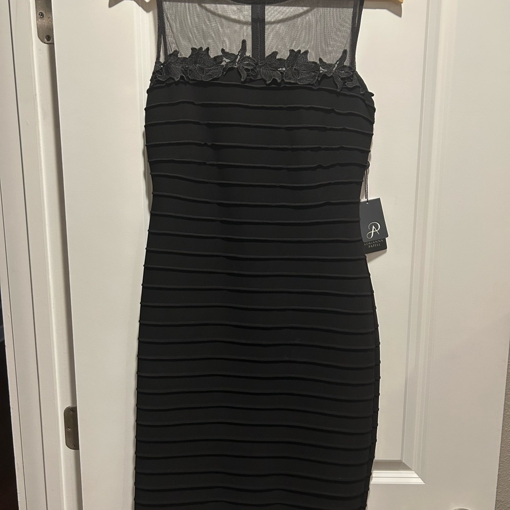 Adrianna Papell Black Pleated Sheath Midi Dress